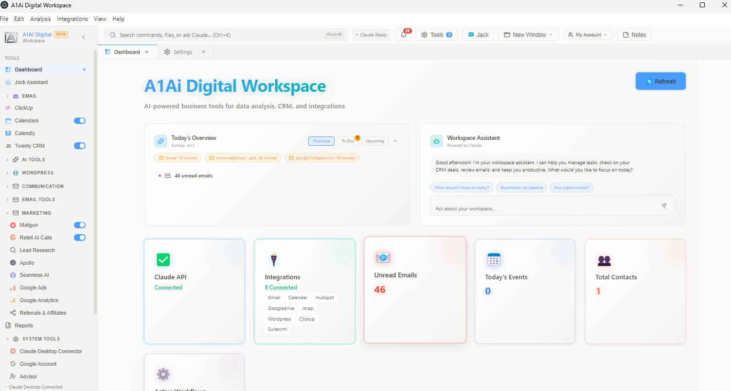 A1Ai Digital Workspace dashboard showing the unified inbox, CRM contacts and connected integrations