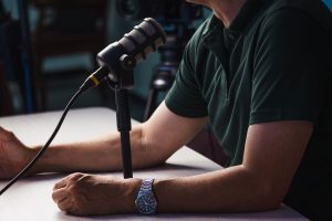 Microphone set up for podcast recording in a studio