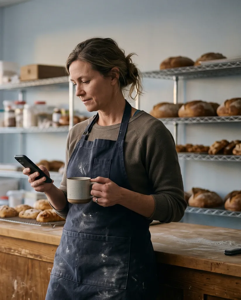 A bakery owner behind her counter before opening, reading her phone with a coffee
