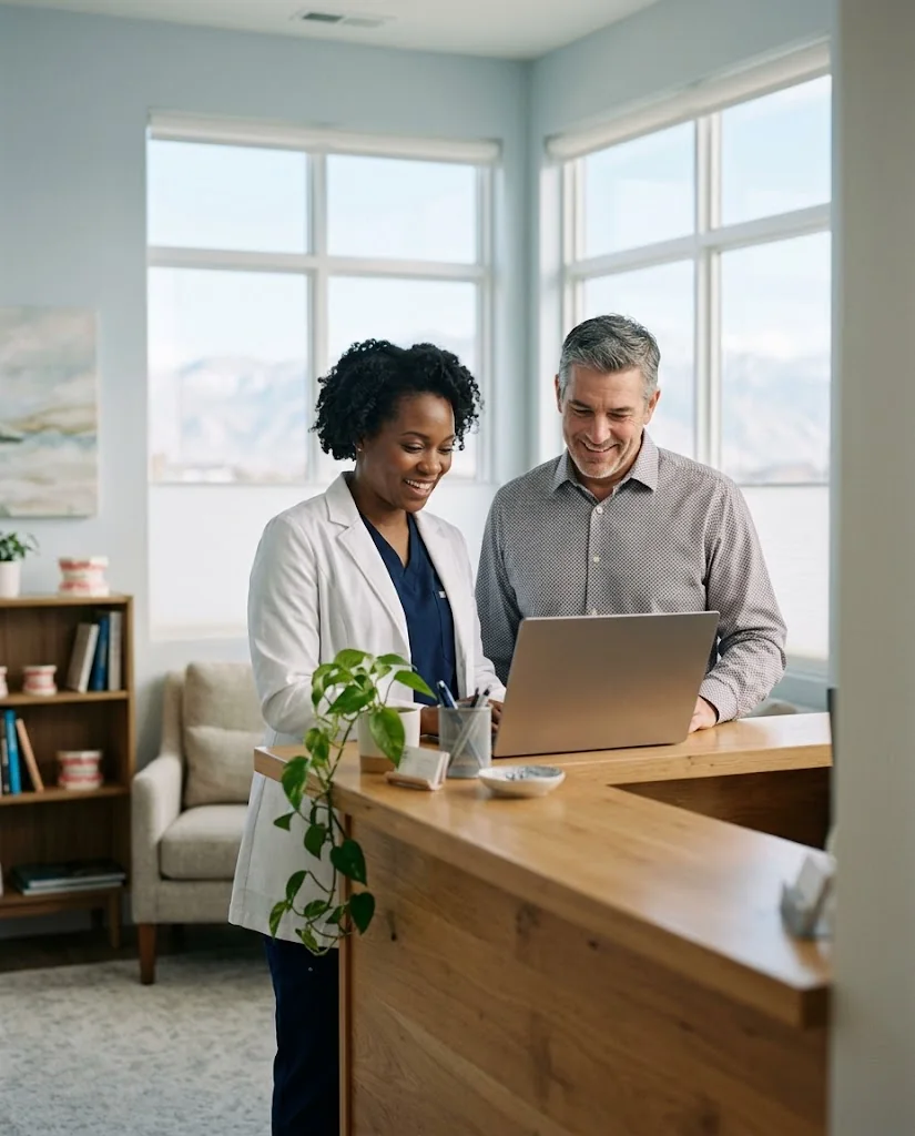 A dentist and her office manager smiling at a laptop at the front desk of a small dental practice
