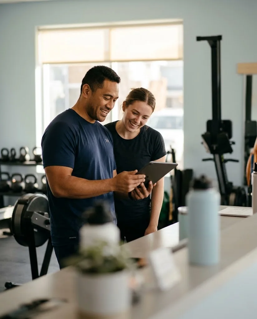 A fitness studio owner and a coach grinning at a tablet at the front counter