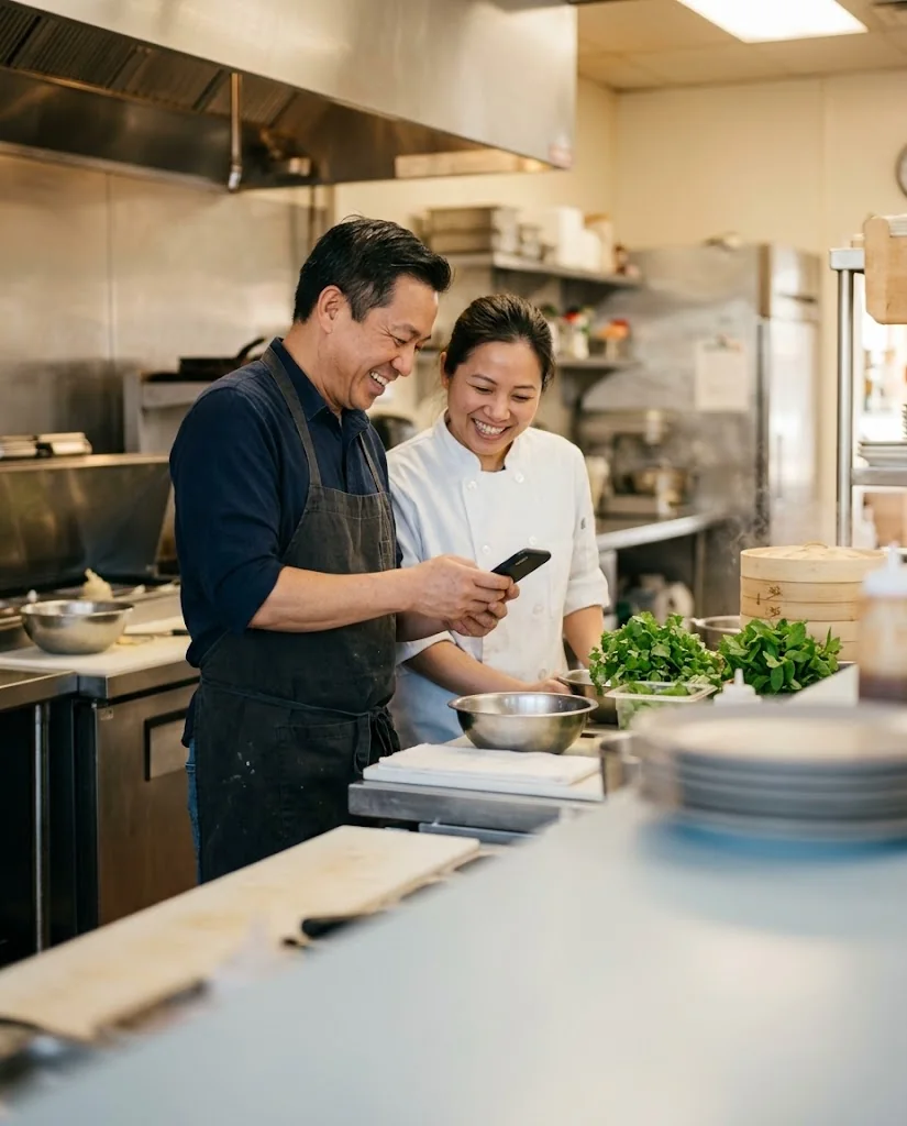 A restaurant owner and his head chef laughing at a phone at the kitchen pass before opening