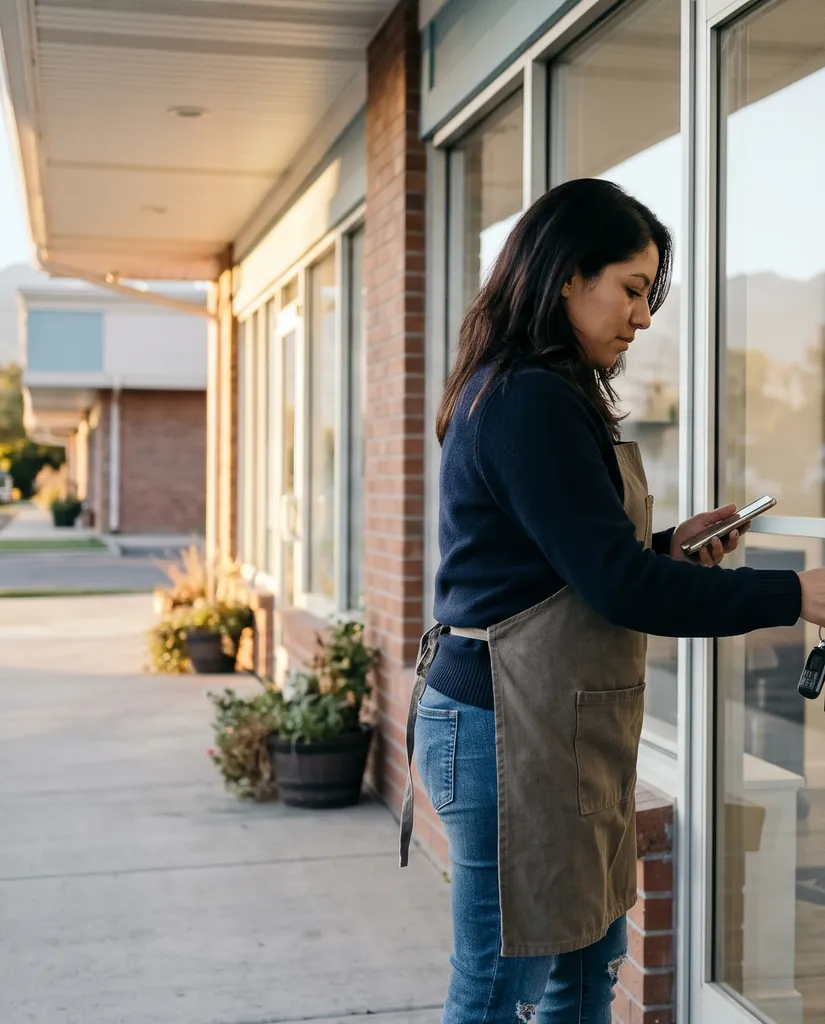 A salon owner unlocking her shop early in the morning, phone in hand