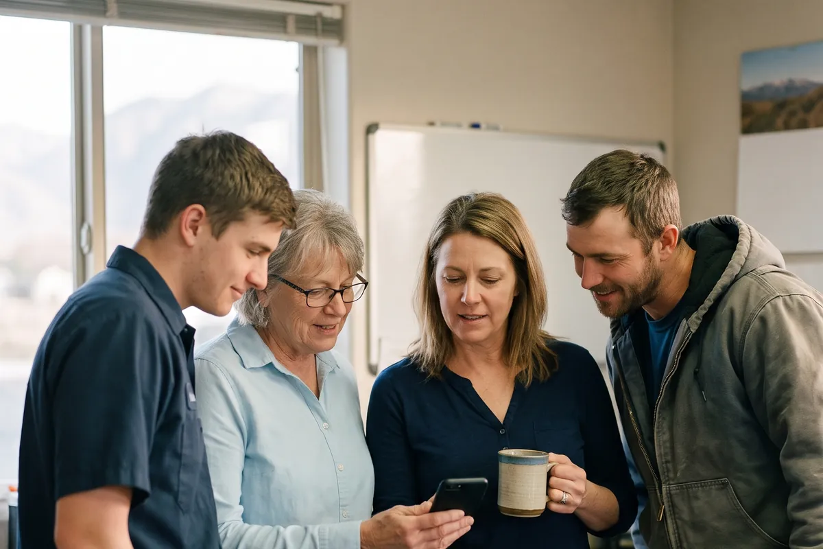 The owner of a small home-services business and three of her team reading the morning briefing on a phone together