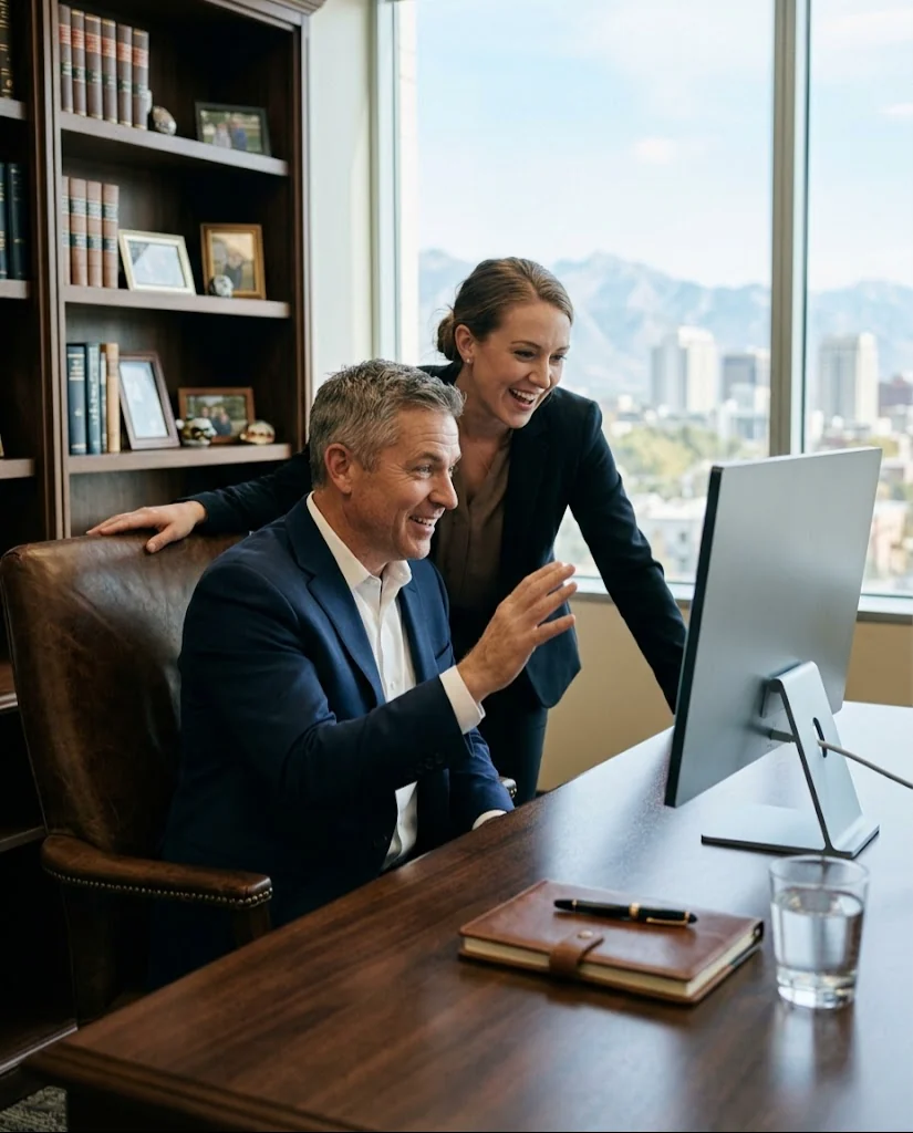 A financial advisor in a suit at his desk and his assistant standing beside him, both smiling excitedly at his computer screen