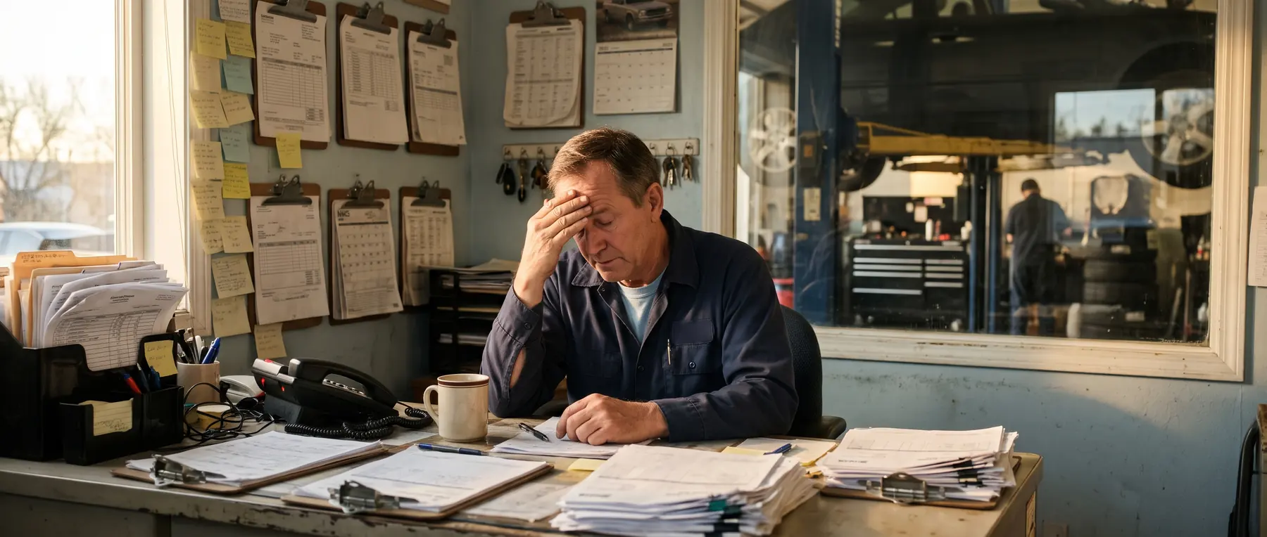 An auto shop owner at a desk covered in invoices and sticky notes, rubbing his forehead