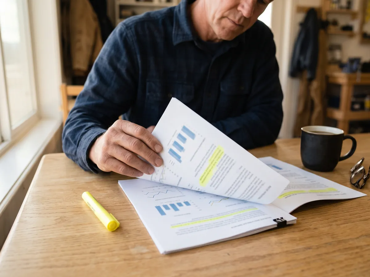 A printed marketing review with charts on a table, next to a coffee and reading glasses