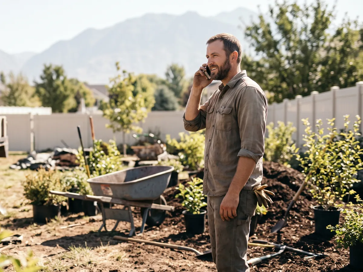 A landscaper on a job site answering a call from a new customer