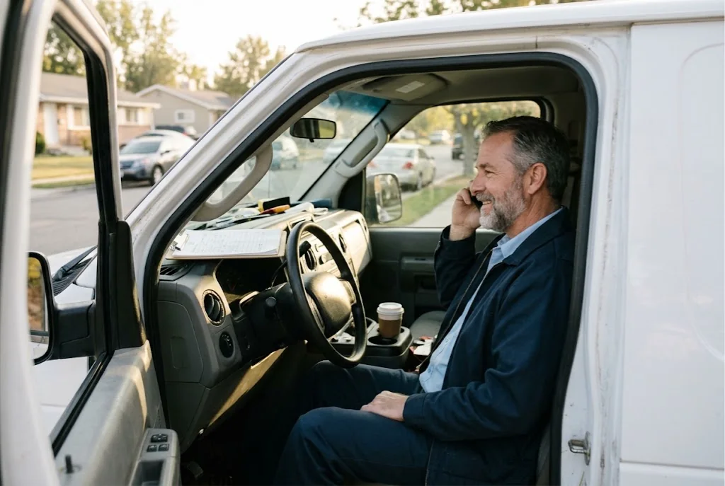 A plumber in his work van taking a call, a job sheet on the dashboard