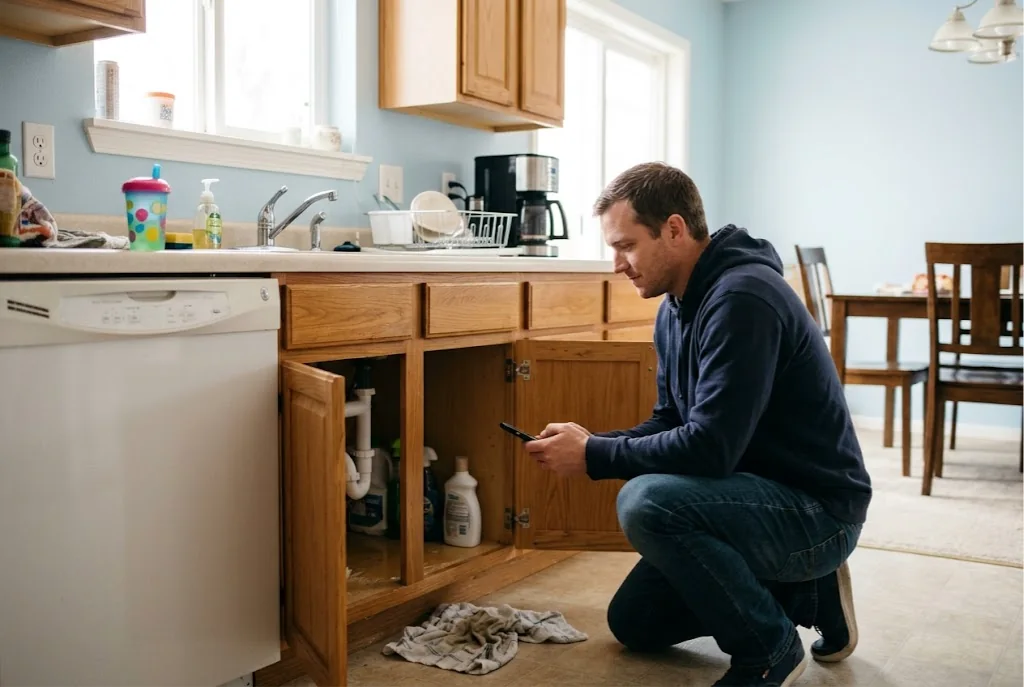 A homeowner kneeling by a leaking kitchen sink, searching for a local plumber on his phone