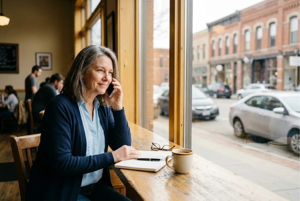 A woman at a café window calling a local business she just found online